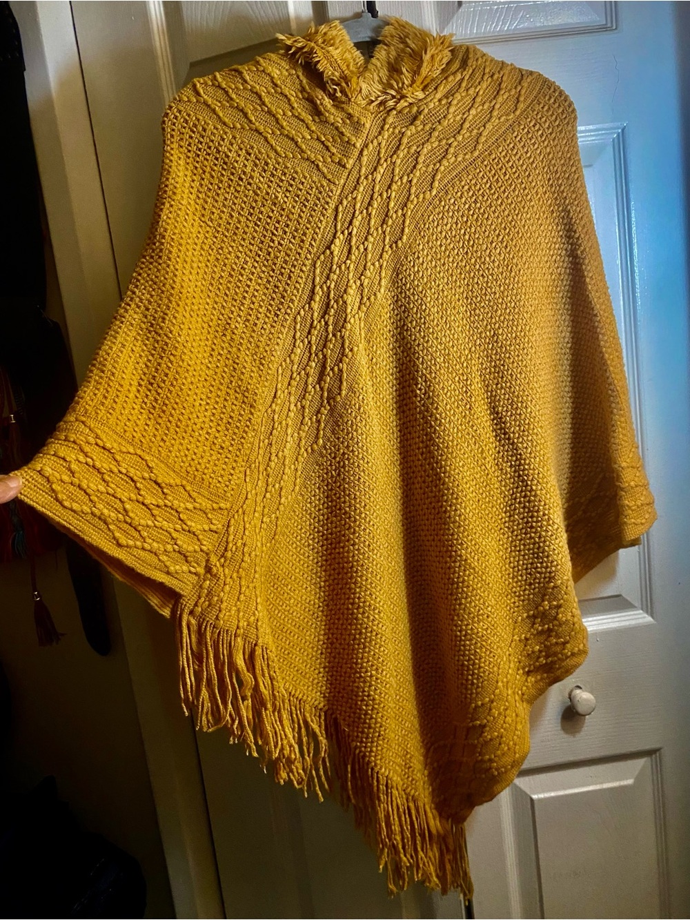 Cozy Cable-Knit Fringe Poncho Sweater - Mustard Yellow with a hood